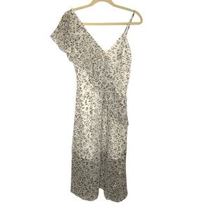 Keepsake Small White Black Abstract Dot Ruffle Shoulder Button Sheer Midi Dress